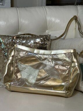 NWT Four Seasons Gold Metallic Patchwork Leather Shoulder Bag Crossbody Y2K